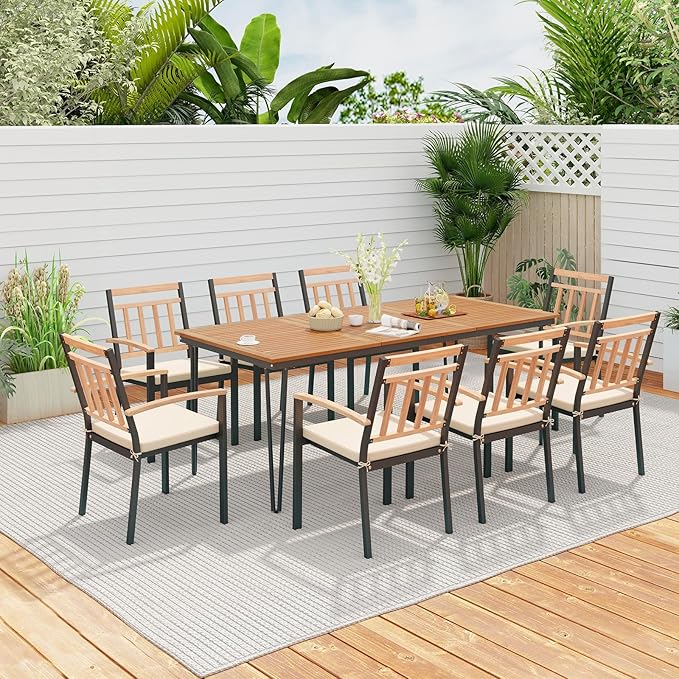 Tangkula 9 Piece Patio Dining Set, Outdoor Dining Furniture Set w/Rectangular Acacia Wood Dining Table & 8 Cushioned Chairs, Metal Frame Dining Set w/Umbrella Hole for Yard, Porch, Garden, Deck