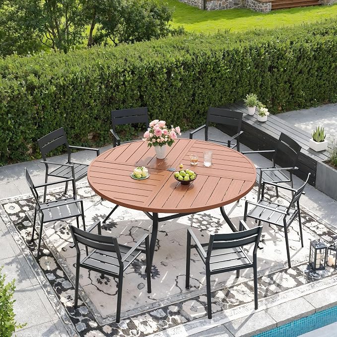 DIFY 9 Piece Outdoor Patio Dining Set for 8, 53.1" Round Dining Table with Umbrella Hole and Stackable Metal Chairs, Patio Table and Chairs Set for Backyard Garden Poolside, Walnut & Black