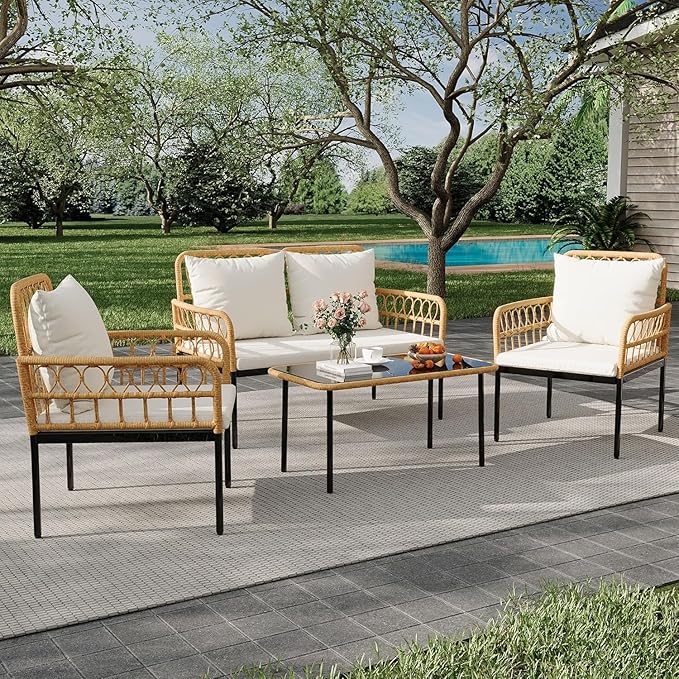 4-Piece Outdoor Wicker Patio Living Room Set – Stylish Rattan Balcony Furniture with Chaise Lounge, 2 Cushioned Armchairs, and Elegant Glass Coffee Table–Perfect for Porch or Deck Lounging