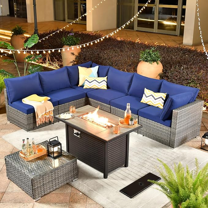 ovios Outdoor 8 Piece Patio Furniture Set with Fire Pit Table,Conversation Sectional Wicker Couch with Coffee Table,Modern Outside Sofa for Balcony Backyard, Navy Blue