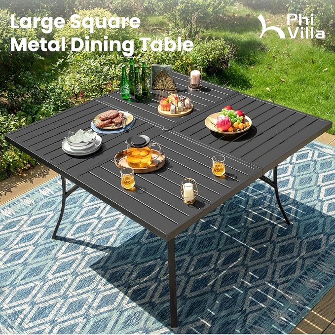 PHI VILLA 9 Pcs Outdoor Dining Set, 57.5" Steel Table, Black | 57.5" wrought iron table w/ umbrella hole &8 swivel chairs w/ cushions . Weather-resistant e-coated frame.Perfect for patio