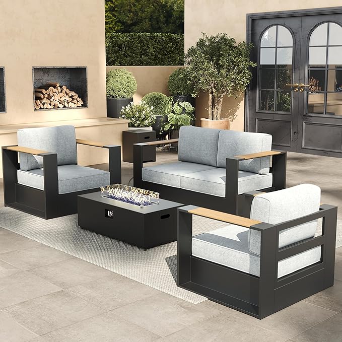 Aluminum Patio Furniture Set, 4 Seats Luxury Seating Furniture with 42" Fire Pit Table, All Weather Outdoor Conversation Sets with 6" Thickened Cushions