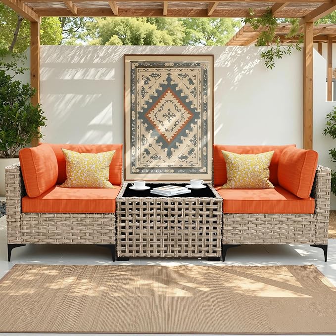 3 Pieces Patio Sectional Furniture Set, Outdoor Wicker Sectional Couch with Solar Lights Table, Modern Conversation Set for Porch Balcony Backyard, Orange