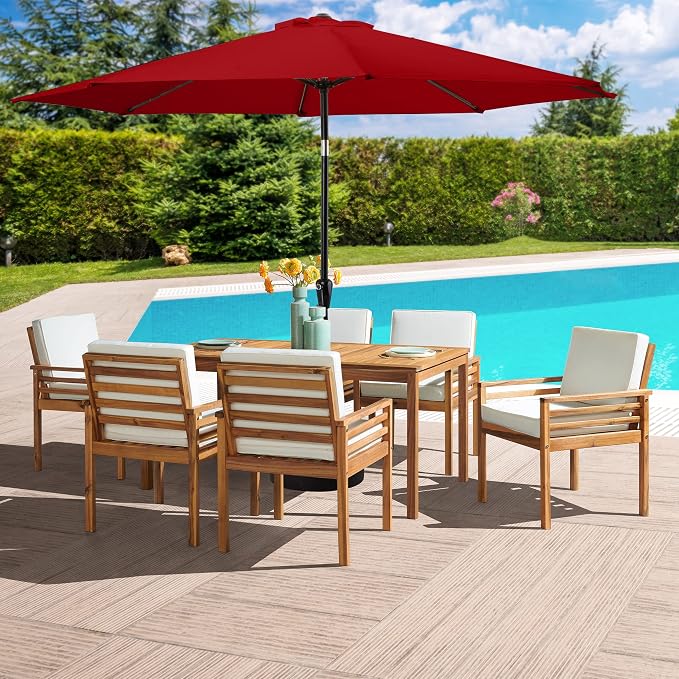 Alaterre Furniture Okemo 8 Piece Outdoor Dining Set with Umbrella - Solid Acacia Wood Outdoor Furniture Set with 63” Patio Table, 6 Patio Chairs, and 10ft Red Umbrella