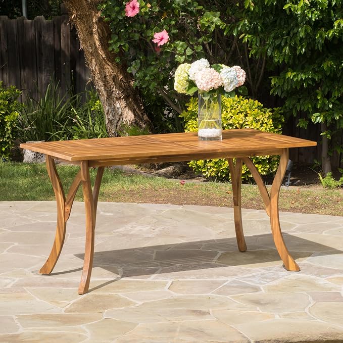 Merax 59" Rectangular Outdoor Dining Table Acacia Wood Patio Table Slat Panels Tabletop, Bear 300LBS, Teak Finish
