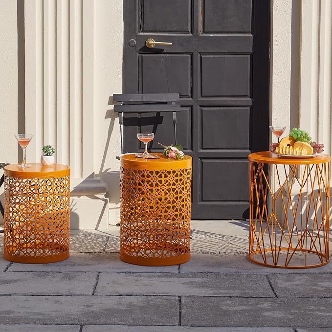 Y&M Outdoor Side Tables, Set of 3 Metal Stacking Patio Side Tables for Outside, Round Indoor End Tables, Coffee Accent Poolside Tables for Patio Garden Balcony, Orange