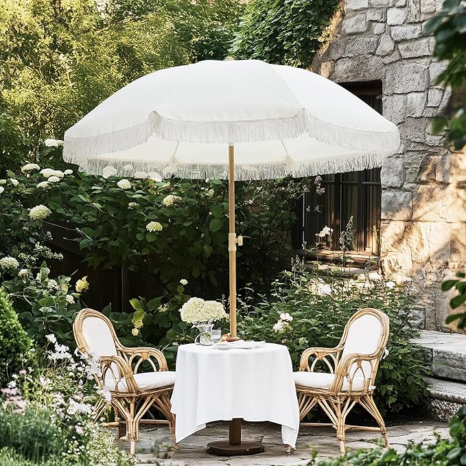 6.5FT Boho Patio Umberlla with Fringe,UPF50+ Outdoor Umbrella with Fiberglass Ribs and Push Button Tilt,Tassels Umbrella for Beach,Terrace,Picnic