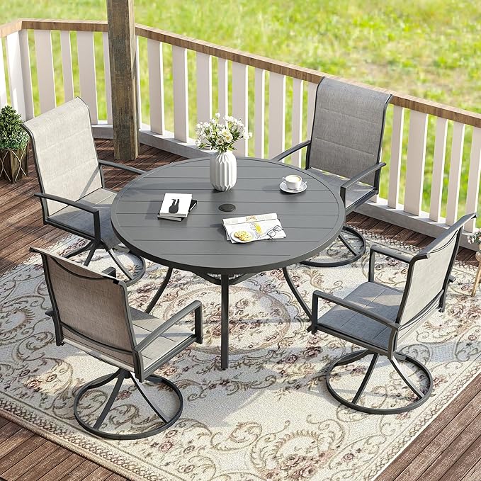 VICLLAX Patio Dining Set for 4, 5 Pieces Outdoor Furniture Set- 40.7" Round Outdoor Table and Swivel Padded Chairs, Grey Tabletop and Grey Fabric