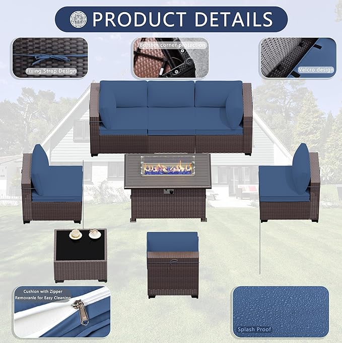 Outdoor Patio Furniture Set with Gas Fire Pit Table, 8 Pieces Outdoor Furniture Set Patio Sectional Sofa w/43in Propane Fire Pit, PE Wicker Rattan Patio Conversation Sets (Dark Blue)