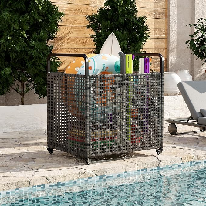 TrailBlaze Heavy-Duty Outdoor Pool Float Storage Bin – Large Mesh Organizer with Wheels & Handrail – Weather-Resistant PE Rattan – Locking Casters – Patio Poolside Storage Bench – Size: 85×66×91cm,