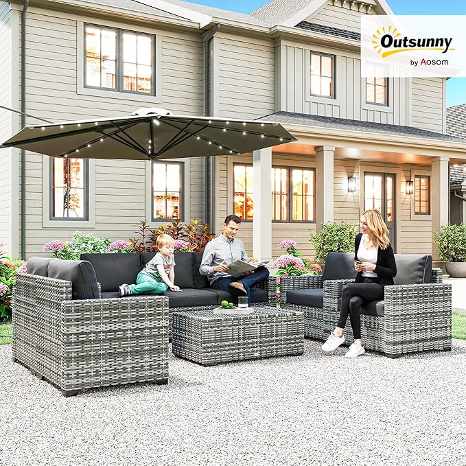 Outsunny 5 Piece Patio Furniture Set with Storage Bin Coffee Table, Wide Deep PE Rattan Wicker Outdoor Conversation Sofa Set with Cushions, Dark Gray