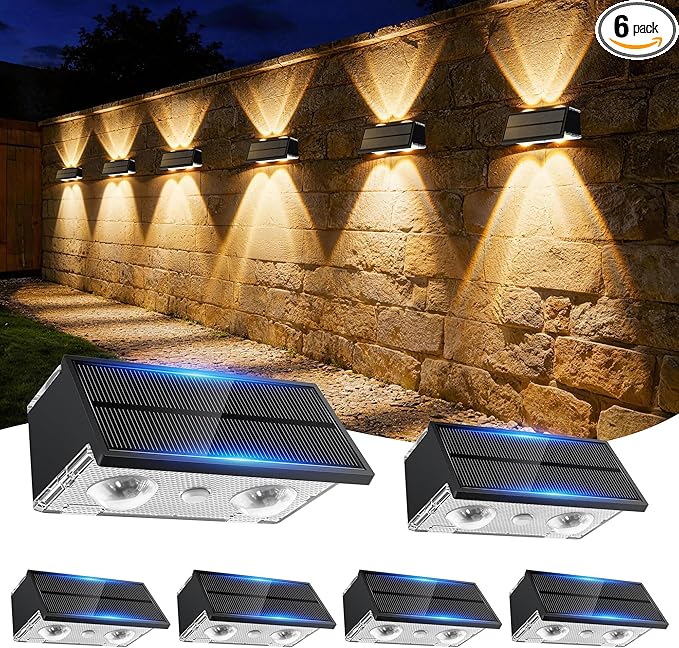 Solar Fence Lights Outdoor, 100LM Fence Lights Solar Powered Waterproof, 9 Color Modes, Up & Down LED Focused Beam, 12H Dusk to Dawn Glow for Pool/Patio/Wall/Backyard - 6 Pack, Black