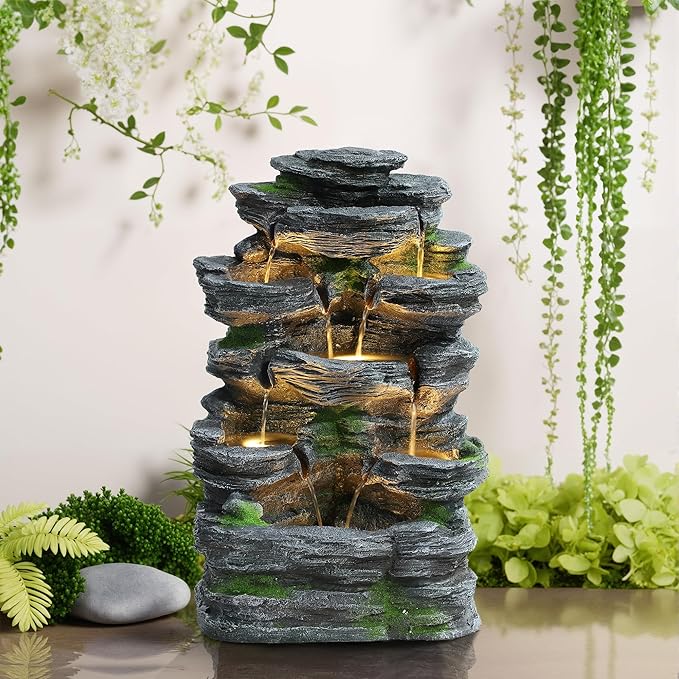 Rock Outdoor Water Fountain, 7 Tiered Waterfall Fountains with LED Lights, Floor Waterfalls Outside, Modern Cascading Flow Rock Fountain for Garden, Yard, Patio, Home Decor