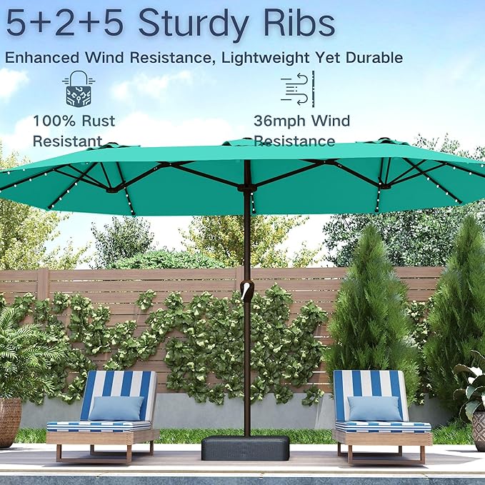 Kingdura 15ft Large Patio Umbrella with Solar Lights, Double-Sided Rectangle Outdoor Table Umbrella with Base Included, 12 Reinforced Ribs, 48 Led Lights, Crank Lift for Market Pool Deck, Tiffany blue