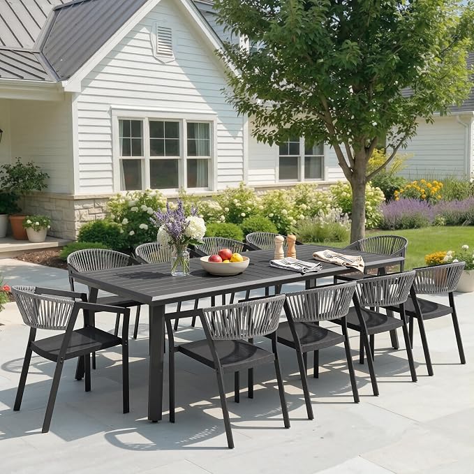 11-Piece Aluminum Patio Dining Set with Stackable Wicker Chairs | 94" Rectangular Outdoor Dining Table and Grey Barrel Chairs Weather Resistant Furniture for Backyard, Deck, Poolside