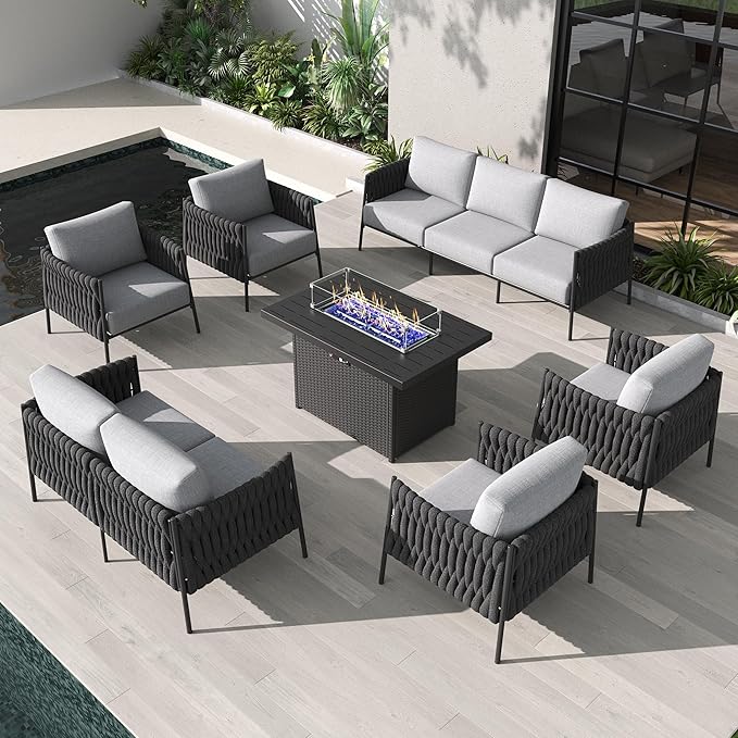 LayinSun 7 Piece Outdoor Furniture Set with Fire Pit Table, Modern Rope Woven Patio Conversation Sofa Set with Olefin Braid and Deep Seating