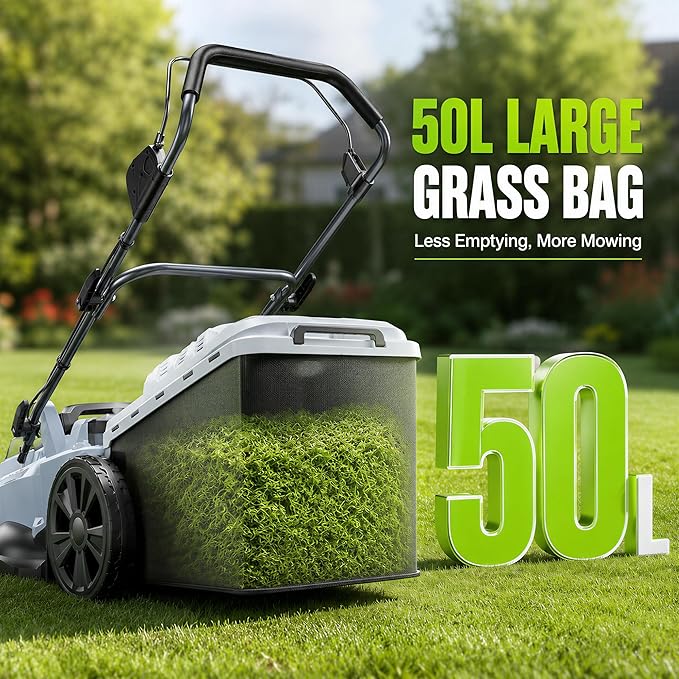 40V Cordless Lawn Mower, 17" Walk Behind Electric 4.0 Ah Battery Powered Lawnmower, with 50L Grass Bag, Brushless Motor, 6 Adjustable Cutting Heights, for Garden/Patio/Yark/Lawn - White
