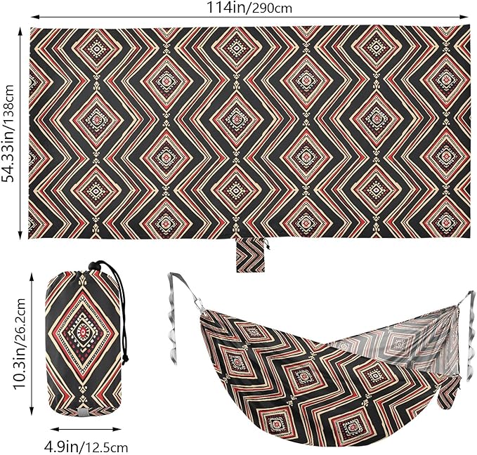 Camping Hammock Outdoor Hammocks for Outside Black Red Geometric Beach Trees Portable Lightweight with Pockets Tree Straps Indoor