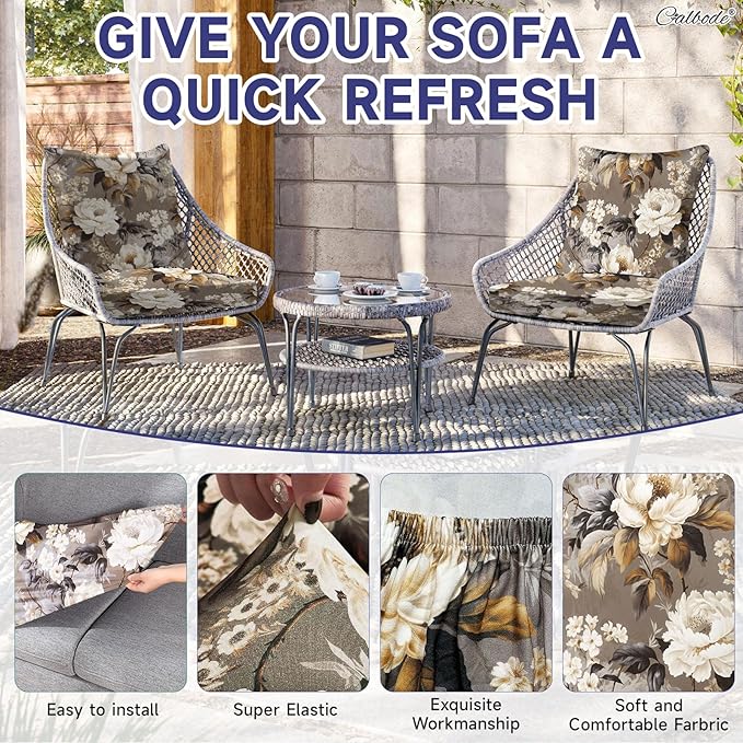 CALBODE 12 Pcs Stretch Outdoor Seat Cushion Covers, Washable Chair Seat Cover for Patio Furniture Cushions Soft Indoor and Outdoor Couch Cover Replacement (Brown Blooms, Cover Only)