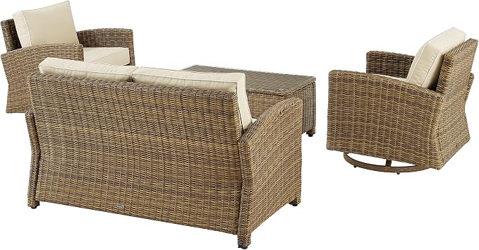 Crosley Furniture Bradenton 4-Piece Wicker Outdoor Loveseat and Swivel Rocker Patio Furniture Set for Porch, Brown with Sand Cushions