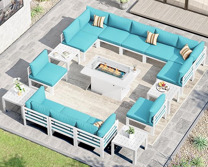 NICESOUL 17 Piece Extra Large Aluminum Outdoor Furniture Set with Fire Pit Table Propane/Gas, Rust-Proof Luxury Patio Sectional with Coffee Table, Comfortable Conversation Sofa for Outside Yard, Teal