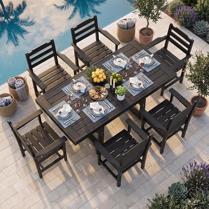 K Knowbody 7-Piece Outdoor Patio Dining Table and Chairs Set, Seats 6 | Steel-Reinforced HDPE, 100 lb/sq ft Load Capacity, 2-Inch Umbrella-Ready Tables, All-Weather, Fade-Resistant, Charcoal Black