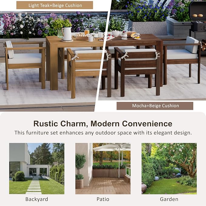 7-Piece Patio Dining Table Set for 6, Outdoor Furniture Sets with 70.8" Rectangle Table, Patio Table and Chairs Set with Removable Cushions for Backyard,Garden,Poolside (Light Teak@24)