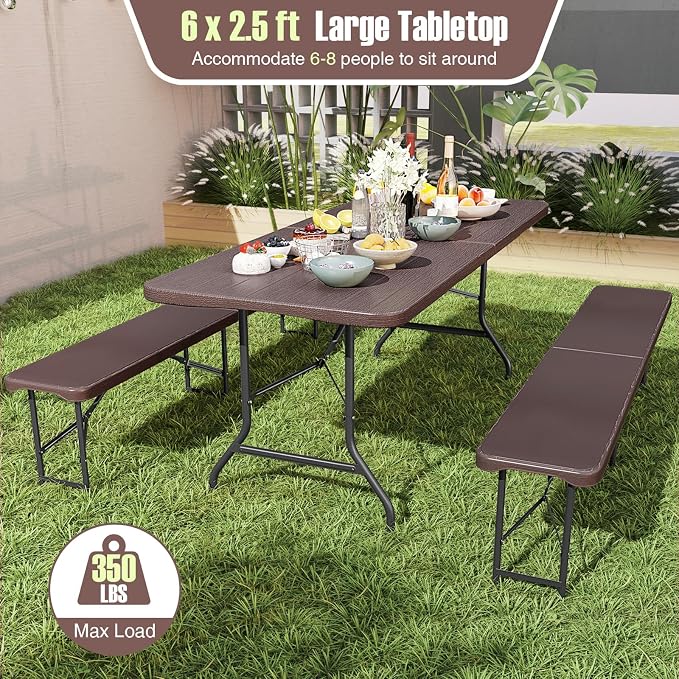 Goplus 6 FT 3-Piece Portable Picnic Table Bench Set, HDPE Wood-Like Plastic Folding Picnic Tables with Benches, Foldable Patio Camping Beer Table, Indoor & Outdoor Folding Table and Chairs