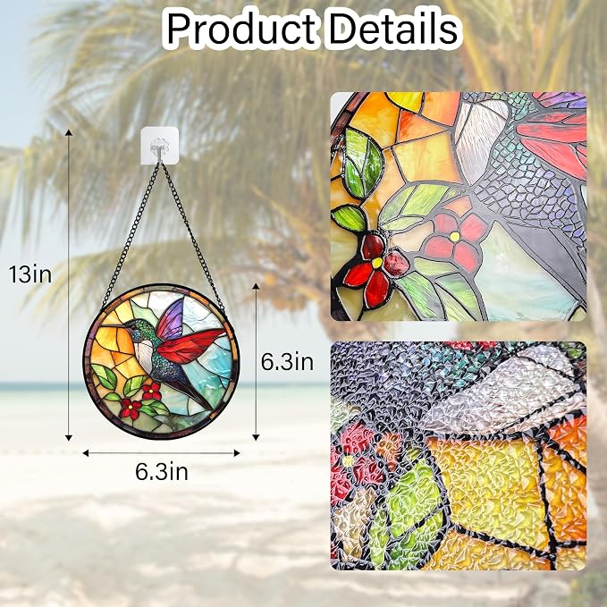DASTOLL Stained Glass Window Hanging, Hummingbird Gifts Sun Catchers Diamond Glass Panel Hangings Birds Suncatcher Decor for Birthday for Women, Men, Wife, Aunt, and Mom 6.3 in