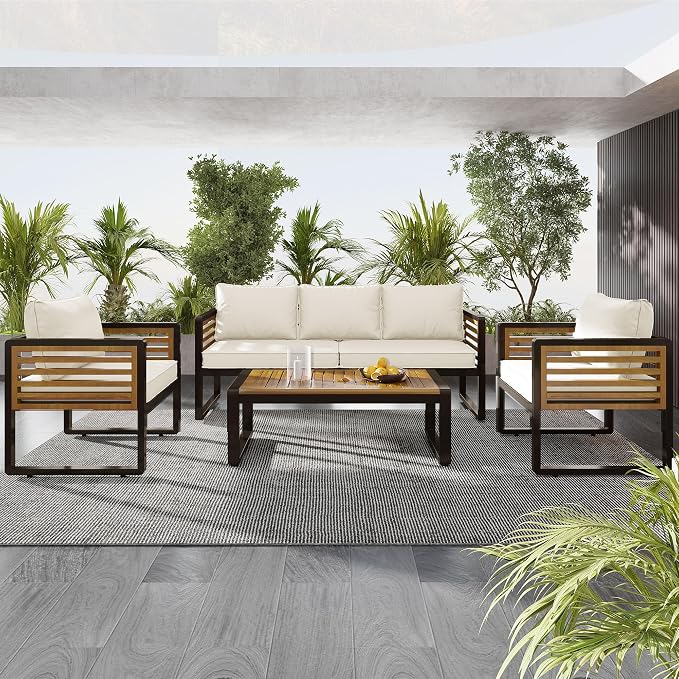 Large 4-Piece Outdoor Patio Sofa Set for 5 People,Garden Conversation Set with Removable Cushions,Metal & Wood Frame,Acacia Wood Tabletop,Modern Minimalist Design,Waterproof and UV-Proof, Beige Brown