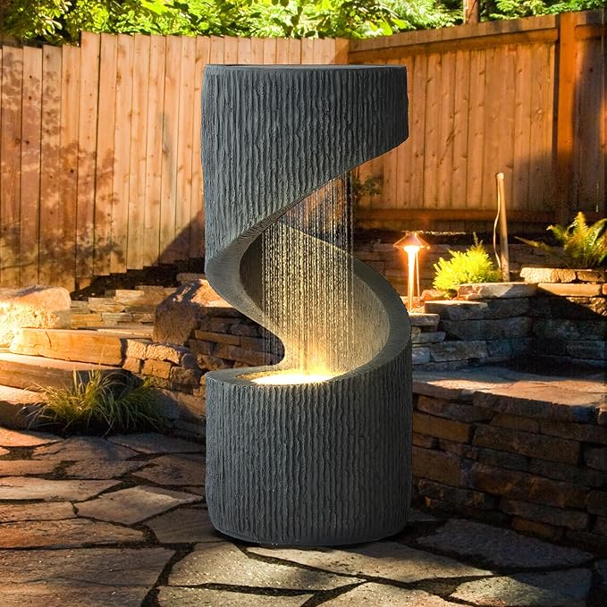 31.9" Outdoor S-Shaped Water Fountain, Cascading Garden Fountains and Waterfalls with LED Lights & Splash-Proof Net, Indoor/Outdoor Floor Standing Water Feature for Patio, Backyard, Home Decor