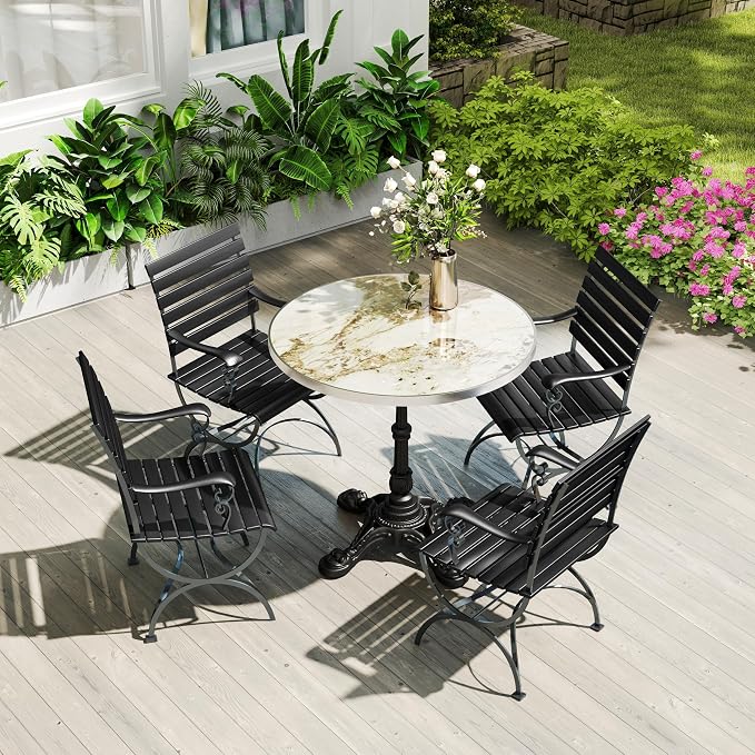 SSLine 31.5" Round Sintered Stone Dining Table, Pandora Marble Top Bistro Table with Heavy-Duty Cast Iron Base, Waterproof Tulip Table for 2-4 Person,Indoor/Outdoor Use for Patio,Cafe,Restaurant