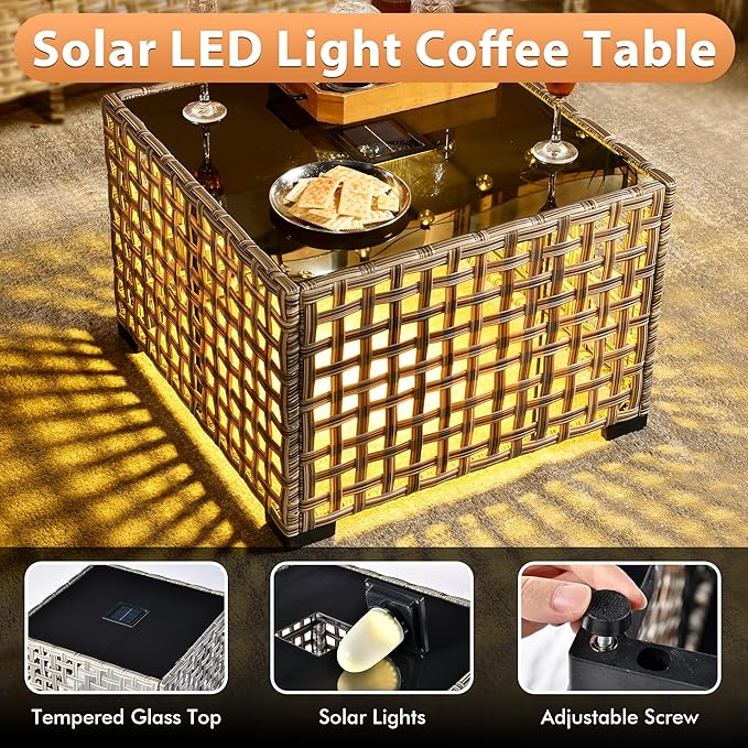 Outdoor Patio Furniture Sets, 4 PCS Patio Conversation Set Outside Rattan Sofa with Solar Light Coffee Table Comfy Cushions Fit Backyard Porch Garden Poolside Balcony,Dark Grey
