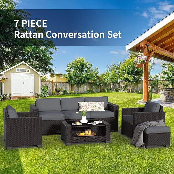 SHGJ&SOFT 7 Piece Patio Furniture Set, Wicker Outdoor Sectional Sofa with Washable Cushion Covers and Tempered Glass Table, Rattan Conversation Set for Poolside