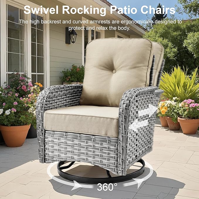 Outdoor Patio Furniture Sets,9 PCS Patio Conversation Set Outside Rattan Sectional Sofa with 42 in Fire Pit Table Wicker Rocking Chair Coffee Table Fit Backyard Porch Garden Poolside Balcony