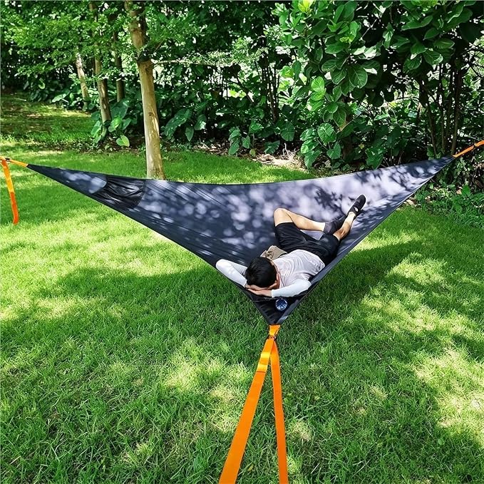 Camping Hammock， Portable 3 Point Tree Tent Hammock with Heavy Duty Tree Straps & Storage Pocket