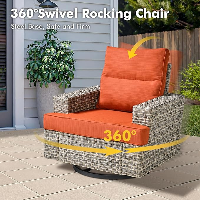 Weaxty 9 Pieces Patio Furniture Set, Outdoor Sectional Furniture Sofa Set w/Swivel Rocking Chairs Coffee Table, PE Wicker Modular Couch Conversation Set for Backyard Garden,Orange