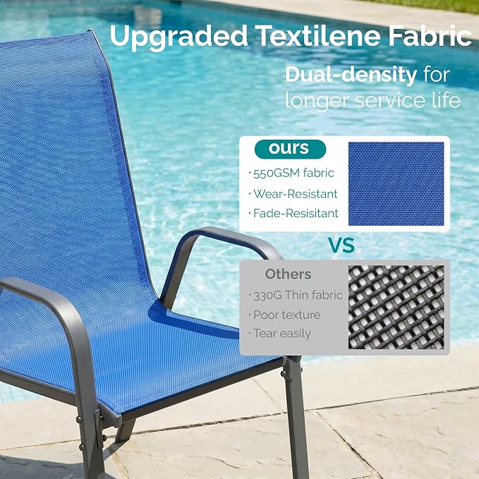 MAMIZO 7 Pieces Patio Dining Set for 6, Outdoor Table and Chairs w/Rectangle Glass Table and 6 Textilene Stackable Chairs, Patio Furniture Set w/1.69" Umbrella Hole (Black Table & Navy Blue Chair)
