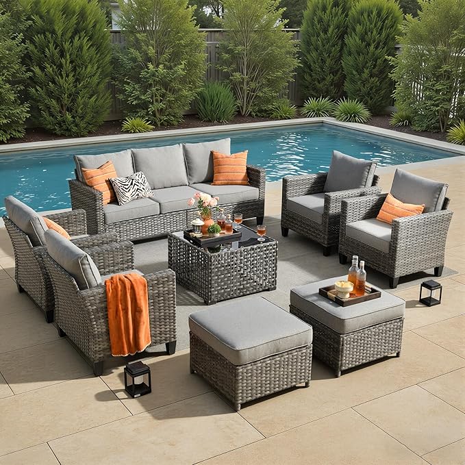 8 Piece Wicker Patio Furniture Set with Solar Table, Dark Gray | Outdoor Deep Seating Sofa Chair Ottoman, Solar Lights Table, All Weather Rattan, Modern Conversation Set, Porch Deck Backyard