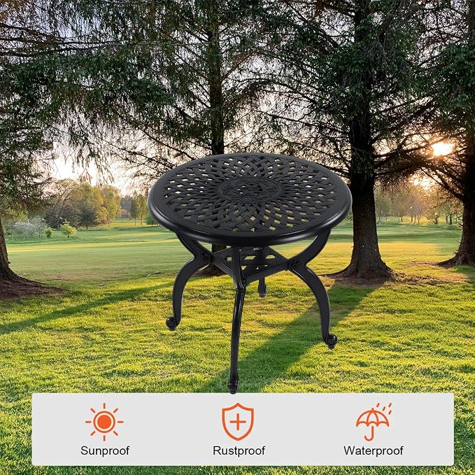 Cast Aluminum Outdoor Side Table, All Weather Round Small Coffee Table for Patio,Park,Lawn,Yard (21" Black)