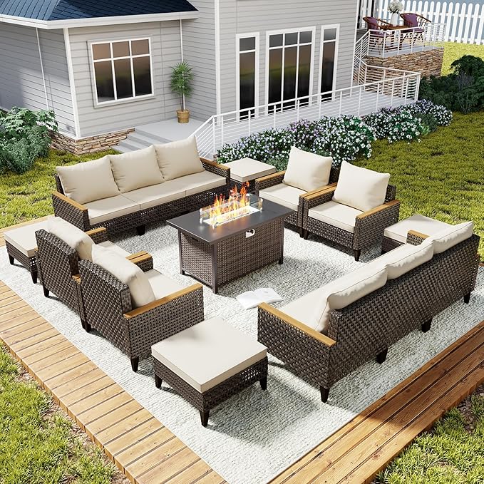 15 Piece Patio Sectional Sofa Set with 50000 BTU Fire Pit Table, All-Weather Wicker Rattan Outdoor Conversation Set, High Back, for Garden, Porch, Poolside, Beige