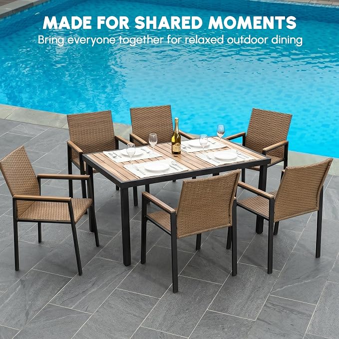 BEEFURNI Wicker Patio Furniture Dining Set, Outdoor Patio Table and Chairs Set, Rattan Outdoor Furniture Set, Acacia Wood Table, Chairs, Weather Proof Set for Porch, Backyard (Brown)