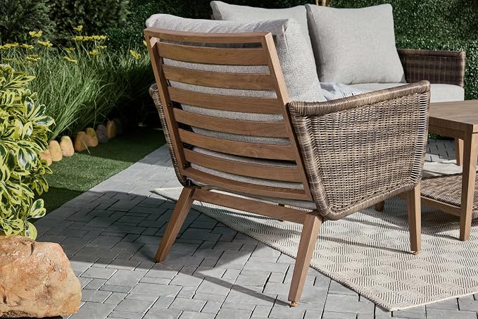 4-Piece Wicker Steel Outdoor Conversation Set, Patio Furniture Set with Coffee Table and Removable Grey Cushions, Modern Sectional Sofa for Backyard, Garden & Lawn