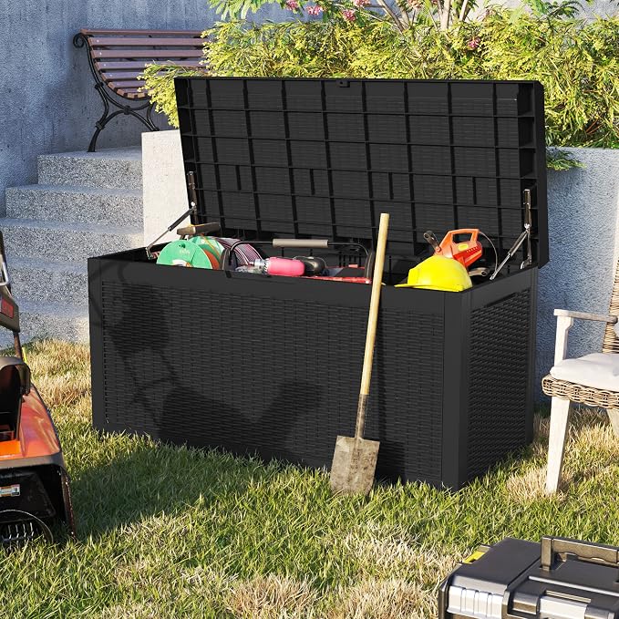 Greesum 100 Gallon Resin Deck Box Large Outdoor Storage for Patio Furniture, Garden Tools, Pool Supplies, Weatherproof and UV Resistant, Lockable, Black