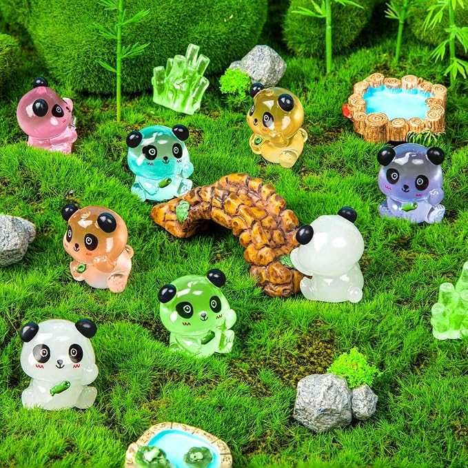 18PCS Luminous Mini Resin Panda Figurines with 2 Bamboos for Dollhouse | Cute Panda Figurines Miniature, Glow in The Dark Mini Panda Bamboo Bulk, Cake Topper, Micro Landscape, Garden DIY
