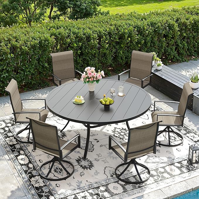DIFY 7 Pieces Outdoor Patio Dining Set, 6 Brown Padded Textilene Swivel Dining Chairs and 53" Black Round Metal Dining Table, Outdoor Table and Chairs for Poolside Backyard Deck