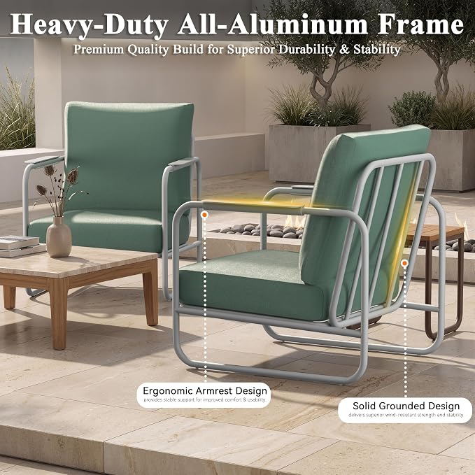 3 Pieces Aluminum Outdoor Patio Conversation Set, 6" Cushions & Coffee Table, All-Weather Rust-Resistant Frame for Porch Garden Backyard, White