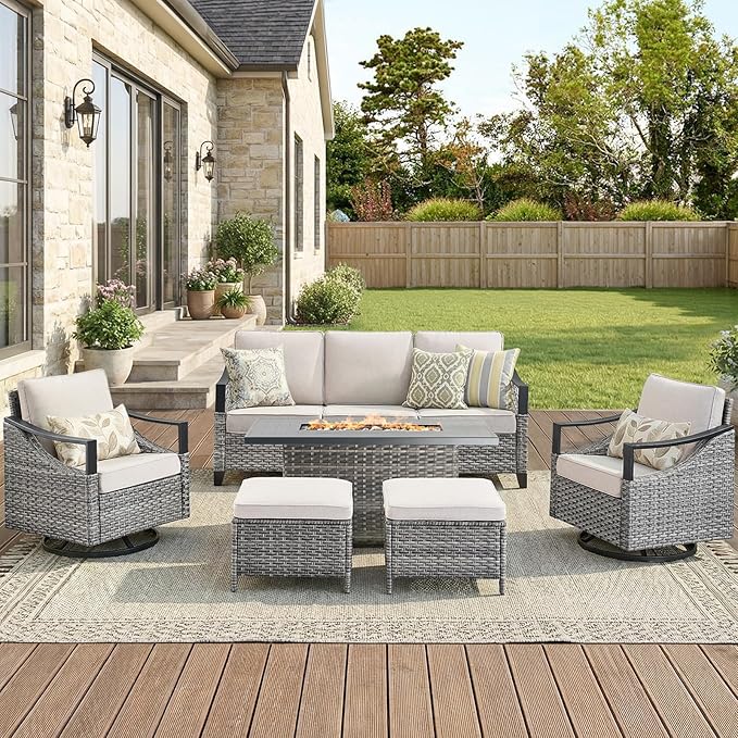 Outdoor Patio Furniture Set with 42.5" Fire Pit Table-6 Pieces All Weather Wicker Outdoor Furniture with High Back Swivel Patio Chairs Set of 2 Outdoor Patio Conversation for Deck Garden Beige/Gray