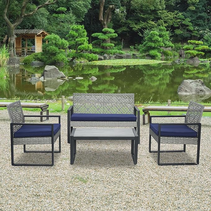 Outdoor Patio Furniture Set, 4 Piece Rattan Wicker Sectional with Loveseat Couch Sofa, Coffee Table and Chairs, Conversation Seating for Balcony, Porch, Deck, Backyard, Muebles de Exterior
