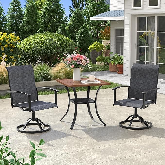 VICLLAX Outdoor Table and Chairs Set for 2, Small Patio Dining Set with 27.5" Metal Square Patio Table & 2 Swivel Outdoor Dining Chairs for Backyard Lawn Porch Garden, Charcoal & Walnut